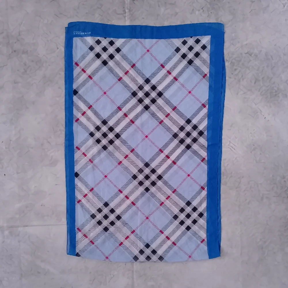 Vintage Burberry Check Handkerchief Scarf Blue Border 60x20 Classic Designer - Picture 2 of 10